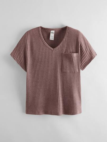 SHEIN Tween Girl V Neck Pocket Front Waffle Knit Tee TG-8-12-00066