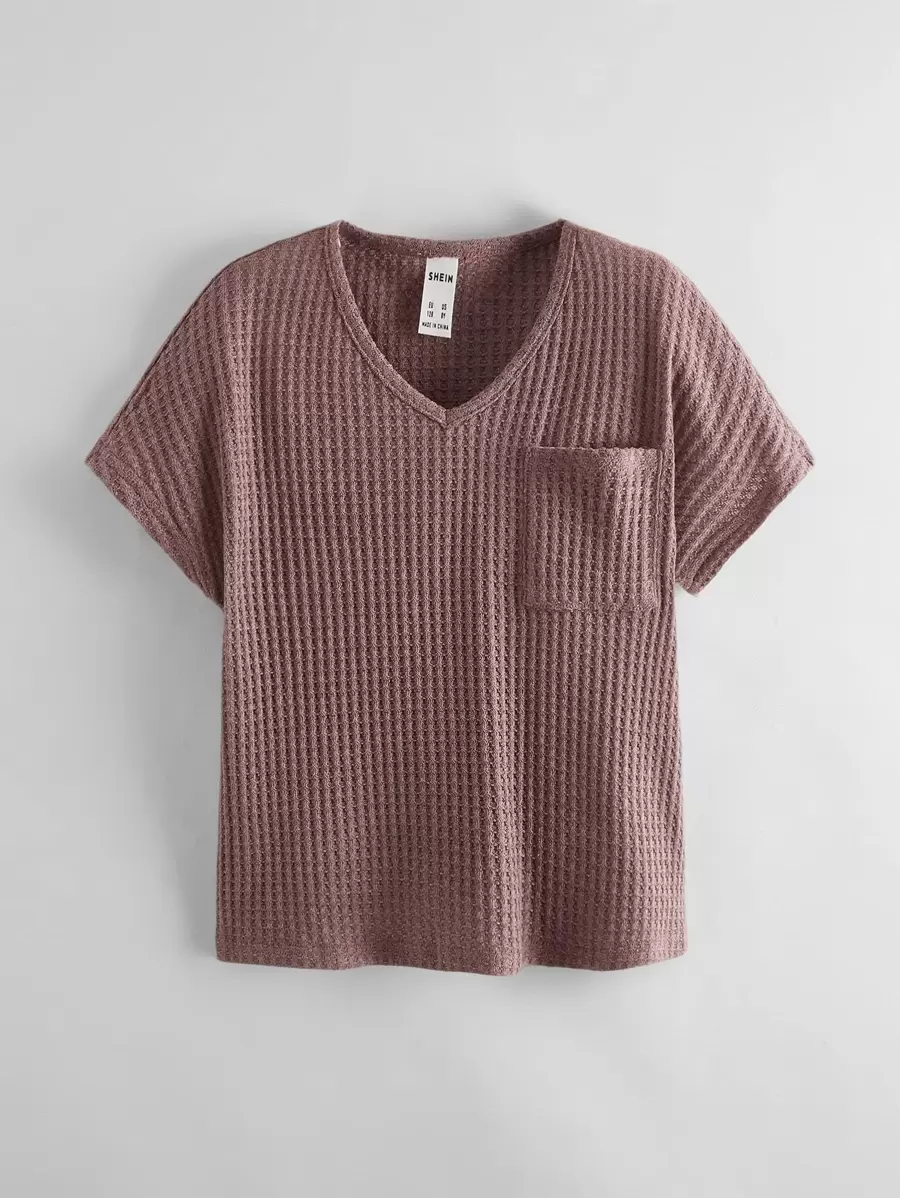 SHEIN Tween Girl V Neck Pocket Front Waffle Knit Tee TG-8-12-00066 - Image 2