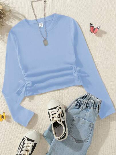 SHEIN Tween Girl Y2K Casual Blue Side Ruched Long Sleeve All-Match T-Shirt For Look TG-8-12-00067
