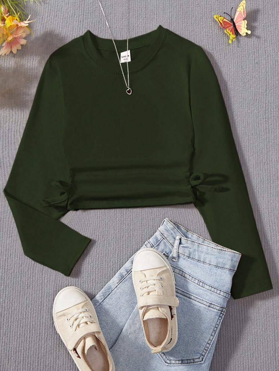 SHEIN Tween Girl Y2K Casual Blue Side Ruched Long Sleeve All-Match T-Shirt For Look TG-8-12-00067 - Image 2