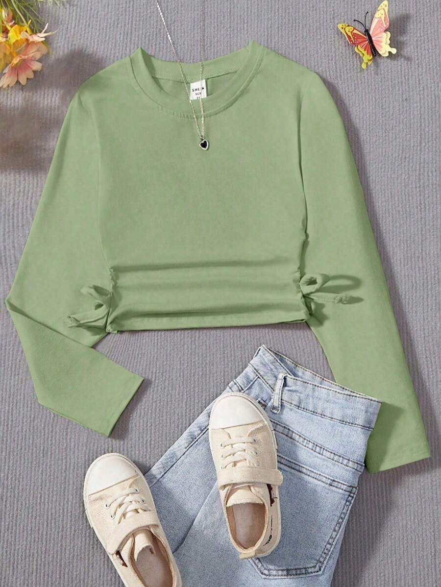 SHEIN Tween Girl Y2K Casual Blue Side Ruched Long Sleeve All-Match T-Shirt For Look TG-8-12-00067 - Image 9