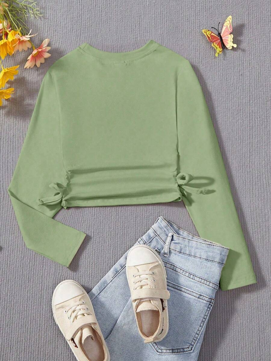 SHEIN Tween Girl Y2K Casual Blue Side Ruched Long Sleeve All-Match T-Shirt For Look TG-8-12-00067 - Image 10
