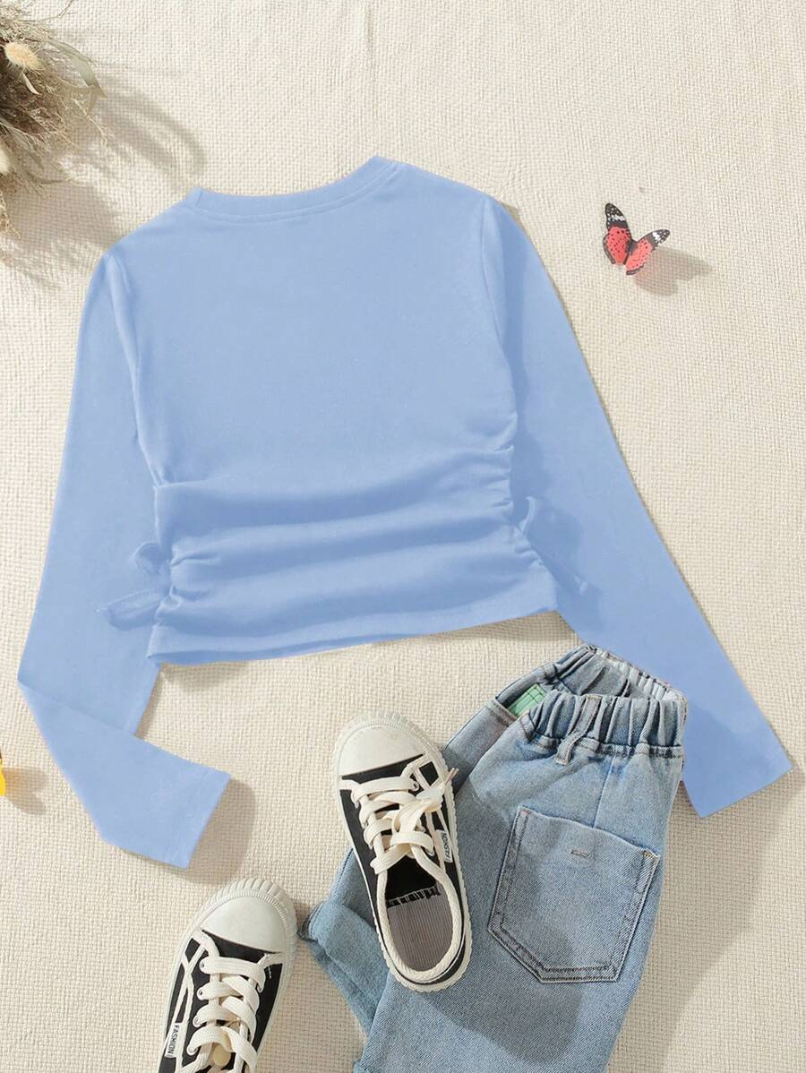 SHEIN Tween Girl Y2K Casual Blue Side Ruched Long Sleeve All-Match T-Shirt For Look TG-8-12-00067 - Image 22