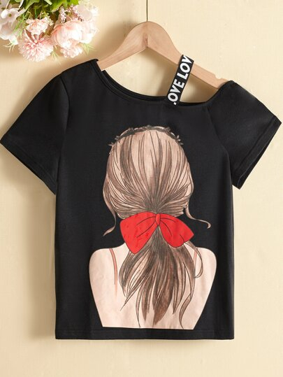SHEIN Tween Girl Figure Graphic Contrast Letter Tape Asymmetrical Shoulder Tee TG-8-12-00072