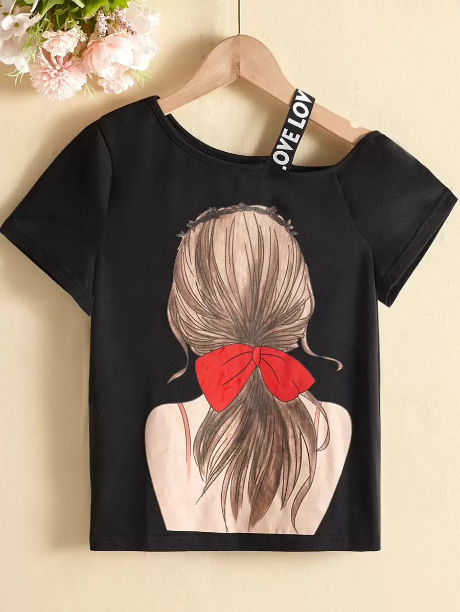 SHEIN Tween Girl Figure Graphic Contrast Letter Tape Asymmetrical Shoulder Tee TG-8-12-00072 - Image 2