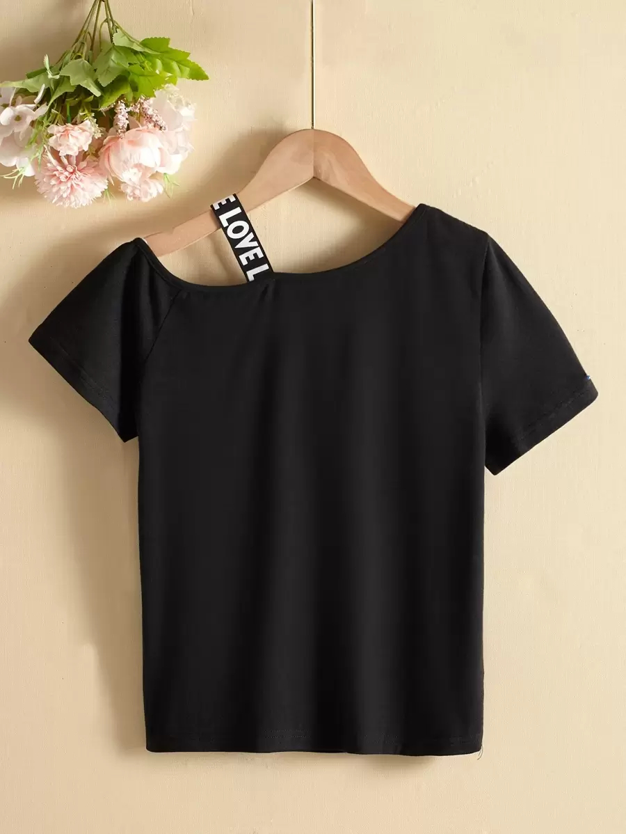SHEIN Tween Girl Figure Graphic Contrast Letter Tape Asymmetrical Shoulder Tee TG-8-12-00072 - Image 3