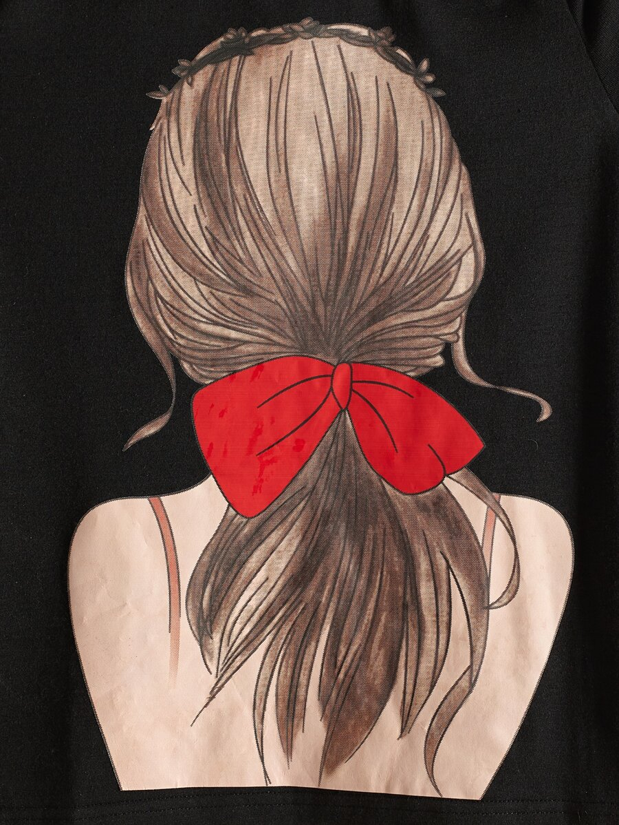 SHEIN Tween Girl Figure Graphic Contrast Letter Tape Asymmetrical Shoulder Tee TG-8-12-00072 - Image 4