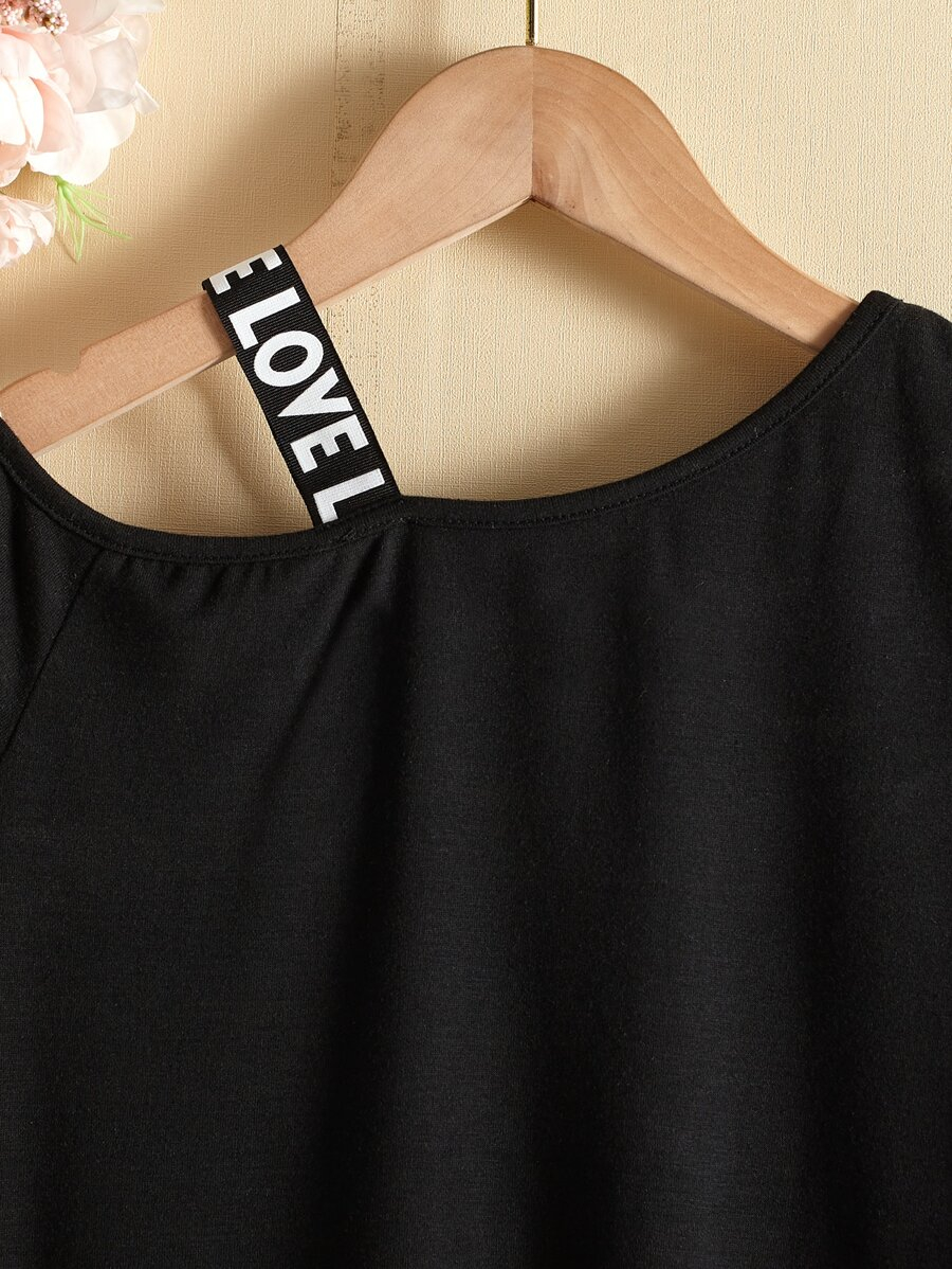 SHEIN Tween Girl Figure Graphic Contrast Letter Tape Asymmetrical Shoulder Tee TG-8-12-00072 - Image 7