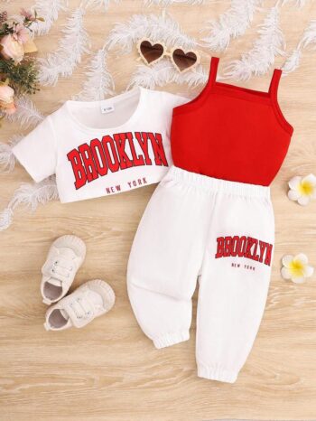 3pcs Baby Girl Casual Letter Printed T-Shirt, Tank Top And Pants Set, Spring/Summer/Autumn WNTD0053 - Red and White, 12-18M