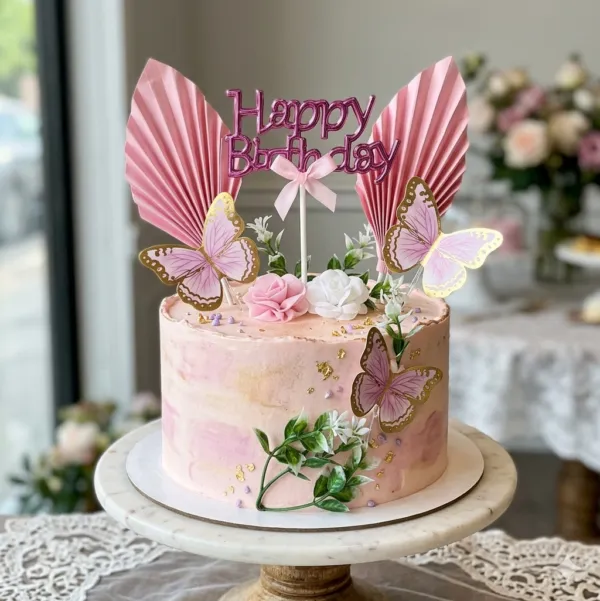 Butterfly, Flowers & Happy Birthday Cake Topper Set