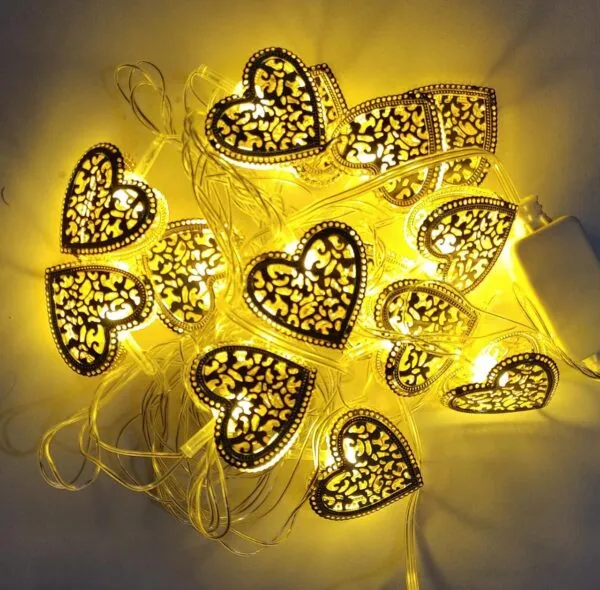 Metal Hearts Shape Golden Led Light 12′ Feet – 220 V Plug operated